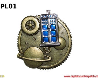 Steampunk pin badge brooch bronze planets with blue enamelled silver police box #PL01