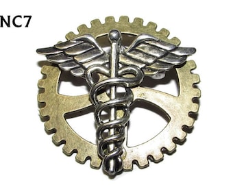 Steampunk pin badge brooch silver caduceus on large bronze cog / gearwheel #NC07