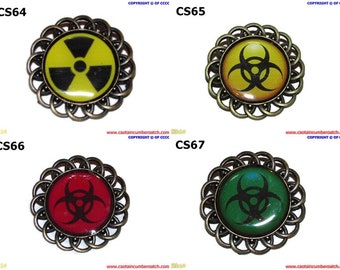Steampunk pin badge brooch radiation & biohazard on a bronze backing #CS64-67