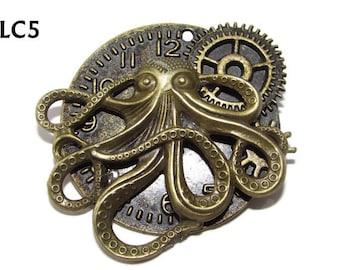 Steampunk Anstecker, Anstecker, Brosche aus Bronze, Ziffernblatt mit Oktopus / Krake #LC5