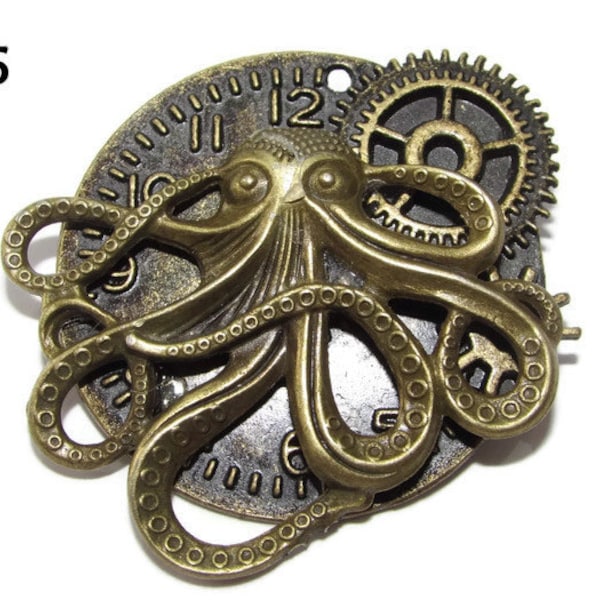 Steampunk pin badge brooch bronze clockface with bronze octopus / kraken #LC5