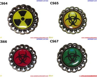 Steampunk pin badge brooch radiation & biohazard on a bronze backing #CS64-67