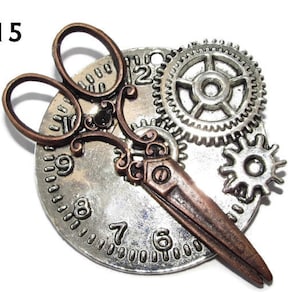 May include: A silver and copper steampunk-style pendant featuring a pair of scissors, gears, and a clock face.