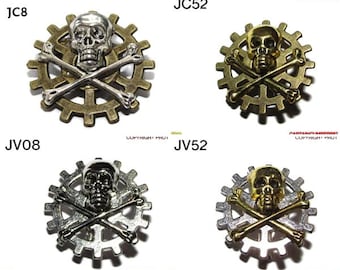 Broche con pin Steampunk de plata/oro con calavera y huesos cruzados sobre rueda dentada/bronce/plata #JC08