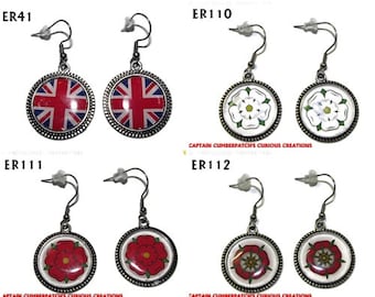 Steampunk earrings patriotic - union (Jack) flag, white, red or tudor rose