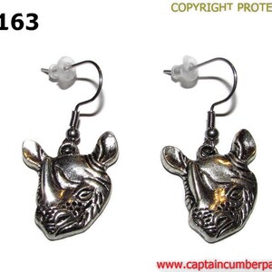 May include: Silver tone earrings featuring a detailed rhinoceros head design. The earrings have a hook closure.