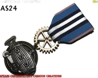 Steampunk pin badge brooch medal silver zeppelin airship submarine #MAS24