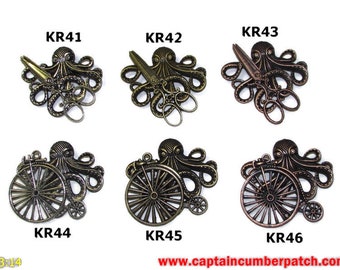 Steampunk pin badge broche zilver/brons/koper octopus/kraken met schaar/penny farthing #KR41-46