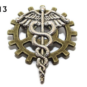 Steampunk pin badge brooch silver caduceus on bronze cog / gearwheel #JC13