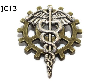 Steampunk pin badge brooch silver caduceus on bronze cog / gearwheel #JC13