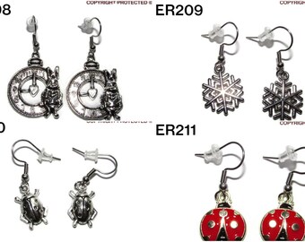 Pendientes Steampunk con mariquitas, copos de nieve y reloj de conejo #ER208-211
