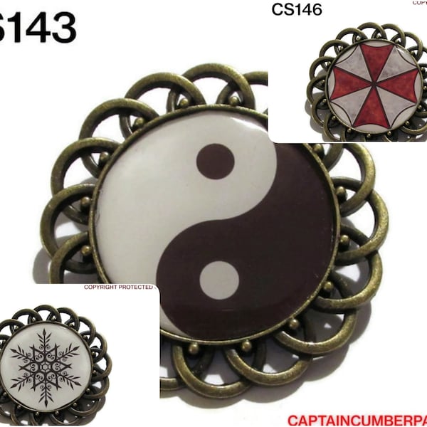 Steampunk pin badge brooch yin yang, umbrella, snowflake on a bronze backing #CS143/46/47