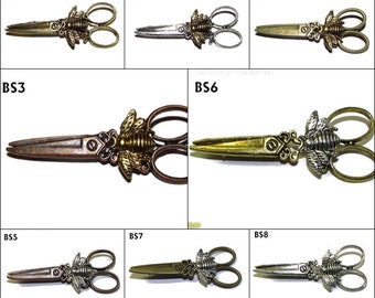 Steampunk naai-bij pin badge broche in zilver/brons/koper, bij op schaar #BS01-08