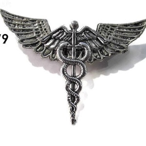 Steampunk pin badge brooch silver caduceus with silver wings #MW9