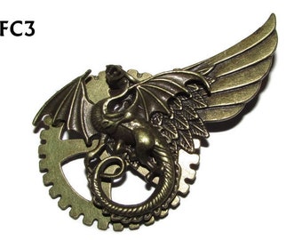 Steampunk pin badge brooch bronze dragon with bronze wing and cog / gearwheel #FC3
