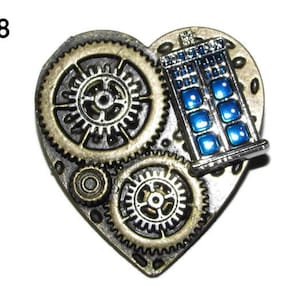 Steampunk pin badge brooch bronze heart police box timelord cogs gearwheels