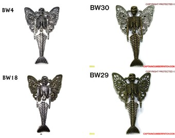 Steampunk pin badge brooch silver mermaid skeleton with silver butterfly wings #BW04/