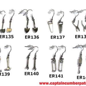steampunk earrings hypoallergenic stainless steel tools axe, trowel/spade, saw, pliers, hammer, spanner, screwdriver #ER135-142
