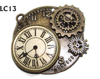 Steampunk pin badge brooch bronze clockface with watch cabochon and cogs #LC13
