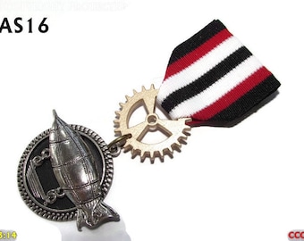 Steampunk pin badge broche medaille zilver zeppelin rood wit zwart luchtschip onderzeeër #MAS16