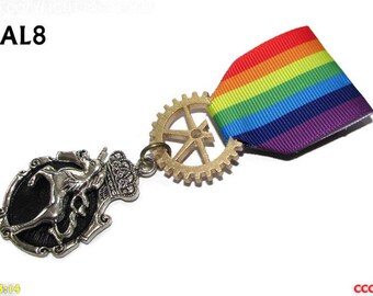 Steampunk pin badge broche medaille met zilveren eenhoorn op regenbooglint #MAL08