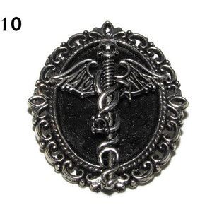 Steampunk pin badge brooch silver caduceus Rod of Asclepius on black and silver backing  #PO10