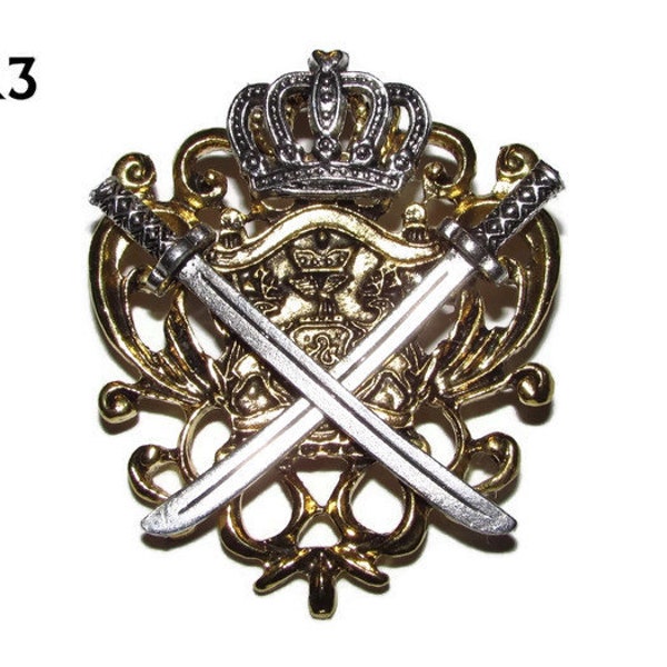 Steampunk pin badge brooch silver crossed swords on gold crest / coat of arms backing #CR03