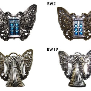 Steampunk Weeping Angel & police box Brooch: Silver / bronze Butterfly Wings Pin Badge