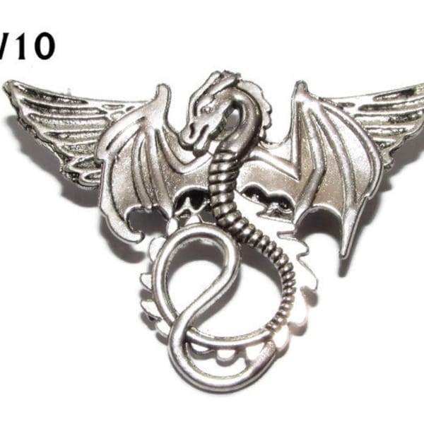 Steampunk pin badge broche zilveren draak met zilveren vleugels #MW10