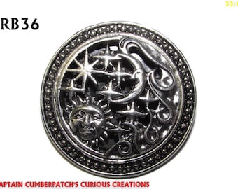 Steampunk Sun Moon Stars Pin Badge: Silver Celestial Brooch