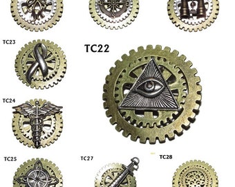 Broche steampunk pieuvre kraken boussole jumelles ruban illuminati caducée noeud de sorcière seringue sur 2 rouages / roues dentées # TC19-28