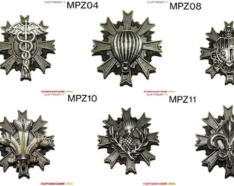 Insignia de bronce Steampunk con globo, caduceo, cresta y diseño de plumas #MPZ3/4/8/9/10/11