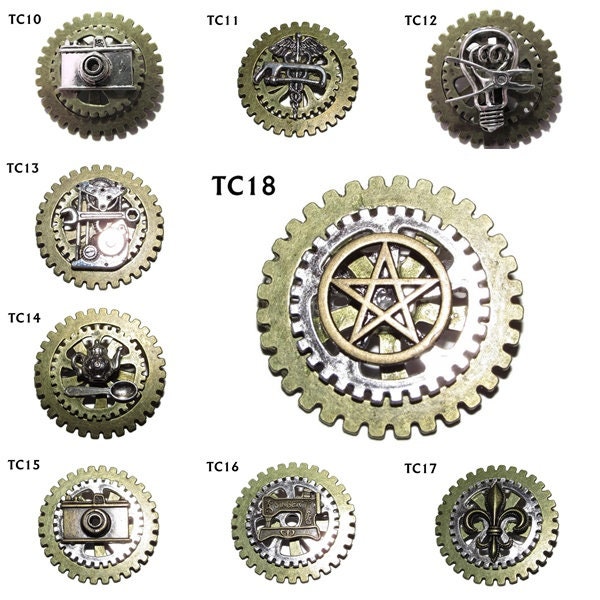 Steampunk pin brooch photographer surgeon electrician engineer tearoom tailor pentagram fleur de lis on 2 cogs / gearwheels #TC10-18