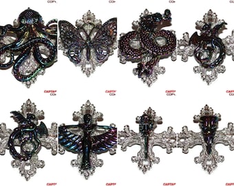 Steampunk pin badge brooch bright silver gothic cross with petrol coloured animals #GV13-20
