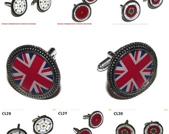 Steampunk cufflinks patriotic - union (Jack) flag, white, red or tudor rose
