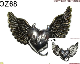 スチームパンク ピンバッジ ブローチ シルバー 悪魔 ハート フクロウの羽 #OV26, OZ68