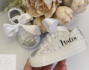 Name personalised Leather Luxury pearl sparklers for kids / All over kids converse / Birthday converse / Girls converse /