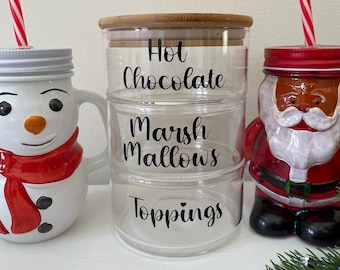 Christmas Hot Chocolate station stacked glass jars / Christmas Personalised hot chocolate station / Glass kitchen storage / Organisation