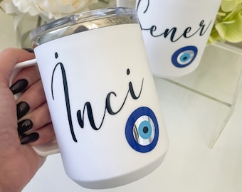 Personalized Evil Eye Insulated Cup with Handle - Turkish Nazar Good Luck Gift