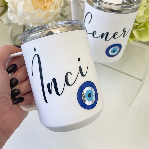 Evil Eye insulated cup with handle / Turkish nazar white cup / Turkish cup with handle / Insulated Evil eye coffee cup / Good luck cup