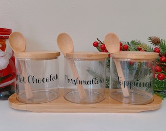 Personalised Glass Hot Chocolate Station / Hot Chocolate tray with spoons / Christmas treat tray / Kitchen storage / Christmas hot chocolate