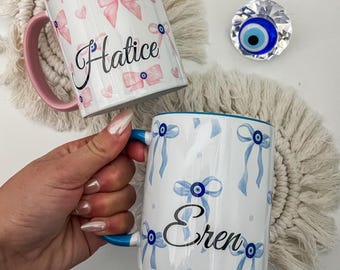 Set de regalo de taza con lazo azul y amuleto turco Nazar