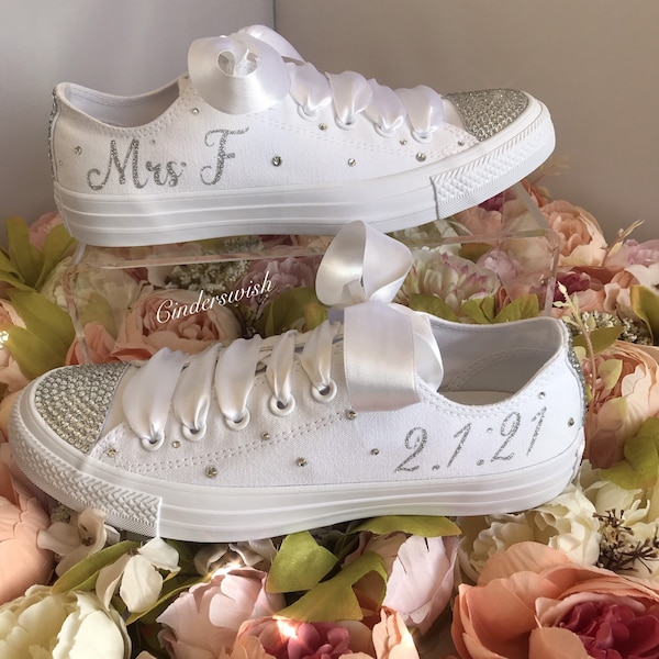 Glitter personalised all white Swarovski sparkle low converse /  Bling converse / customised diamante converse / wedding converse