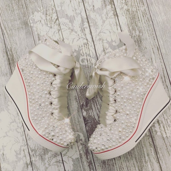 Wedge Luxury pearl sparklers / Non branded All over trainers / Bridal bling wedge sneakers  / Wedding shoes / pearl trainers