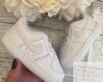 Baby & Toddler Pearl Nike Air Force ones in pure White / Bling Nikes / White Nikes / Pearl Nikes / Baby Nikes