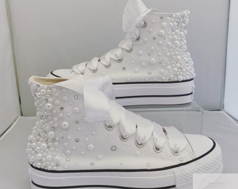 Bridal High top Pearl Platform Converse / Wedding Converse / Swarovski wedding converse / Pearl fade converse / wedding sneakers /