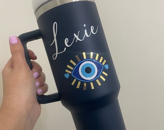 40oz Navy Large Almond Evil eye personalised stainless steel water tumbler/ Large insulated travel Bottle with lid & straw / Stanley dupe