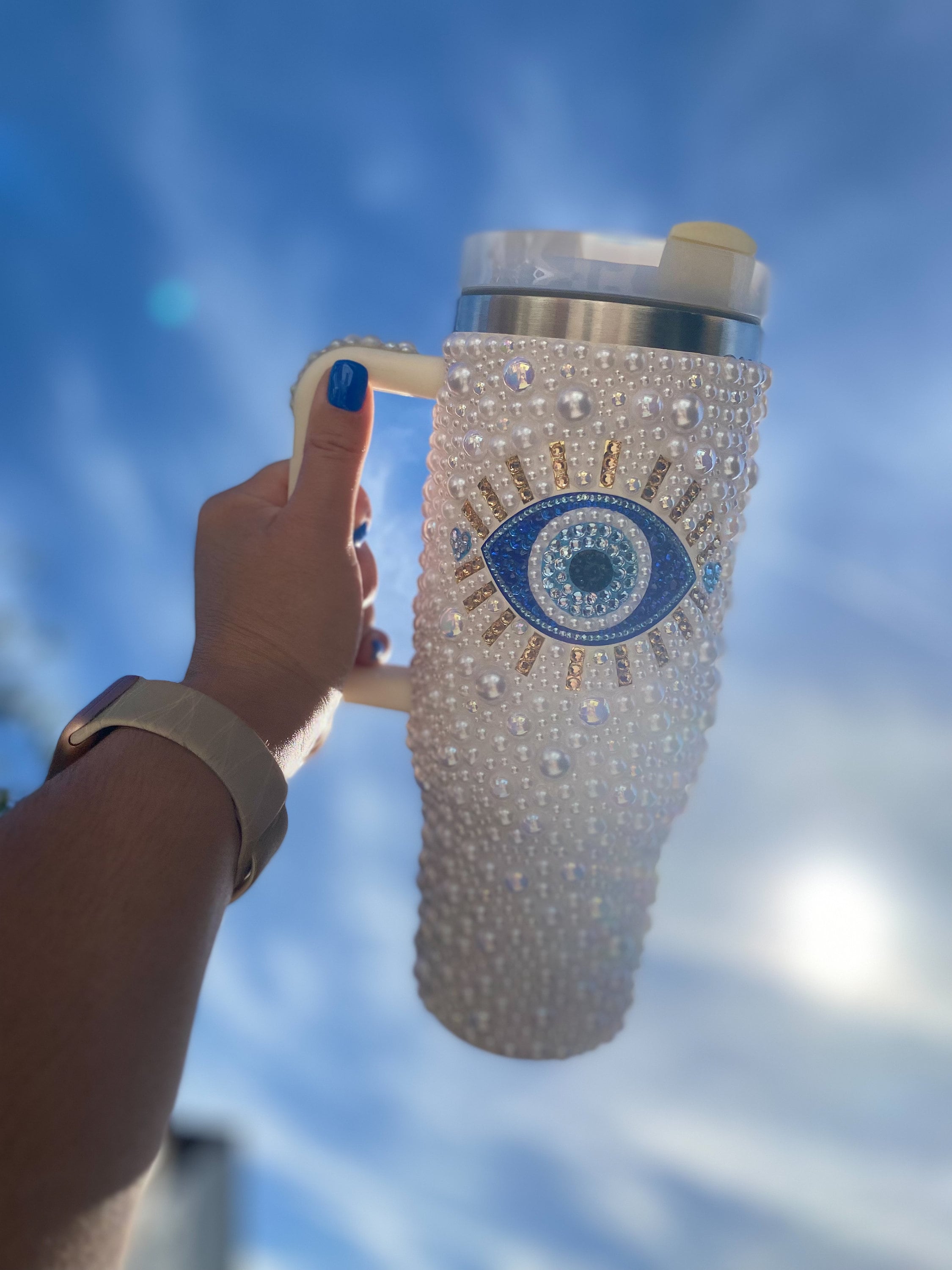 Bling Evil Eye 40oz Tumbler: Pearl & Crystal Jlo Cup - Etsy