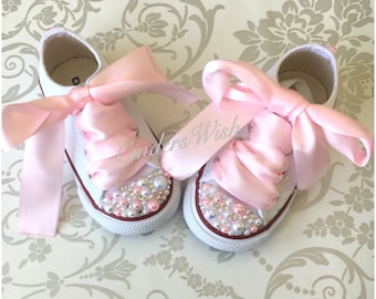 Infant Pearl Converse / kids converse / white converse/  christening  / unique sneakers / pearl chucks / bling converse/ pink pearls /