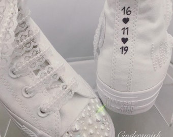 All white Pearl name and Pearl detail Converse / Lace and Pearl laces / Hand drawn details/ Pearl Converse /Pearl wedding Converse